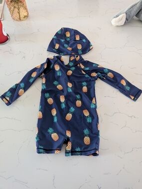 Navy Pineapple Print Infant Rashguard Swim Romper with Hat